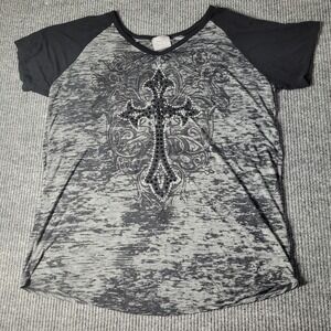 Vocal Y2K Gray Rhinestone Cross T‎ Shirt Embellished S/S Top Made in USA Sz 2XL